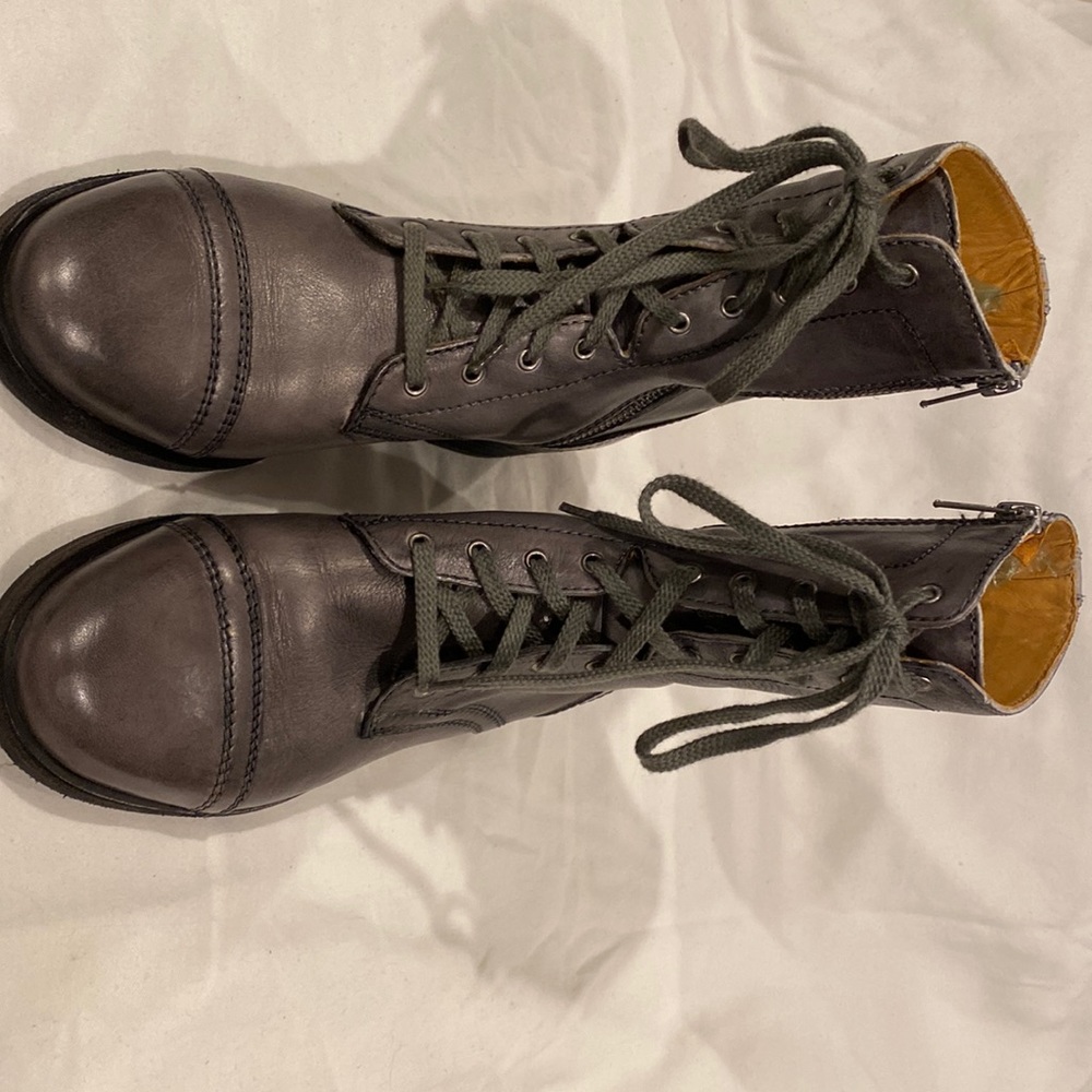 10022-SHOE Grey Leather Lace Up and Zippered Over the Ankle Boot size 37.5